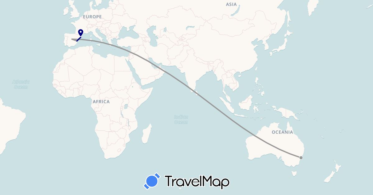 TravelMap itinerary: driving, plane in United Arab Emirates, Australia, Spain (Asia, Europe, Oceania)